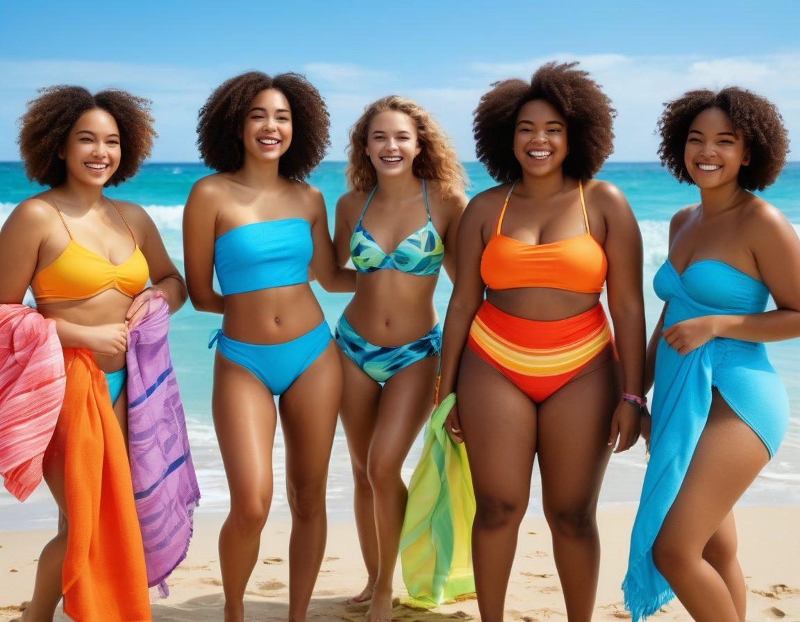 A diverse group of confident teens of different body shapes and skin tones joyfully trying on vibrant swimwear at a sunny beach. The scene captures their laughter and self-assured postures, with colorful beach towels and accessories around them, symbolizing inclusivity and body positivity. Bright blue ocean waves in the background will enhance the uplifting vibe. super-realistic. vibrant colors. beach setting.